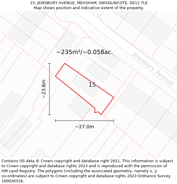 15, JEWSBURY AVENUE, MEASHAM, SWADLINCOTE, DE12 7LE: Plot and title map