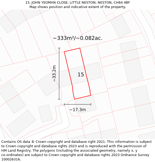 15, JOHN YEOMAN CLOSE, LITTLE NESTON, NESTON, CH64 4BF: Plot and title map