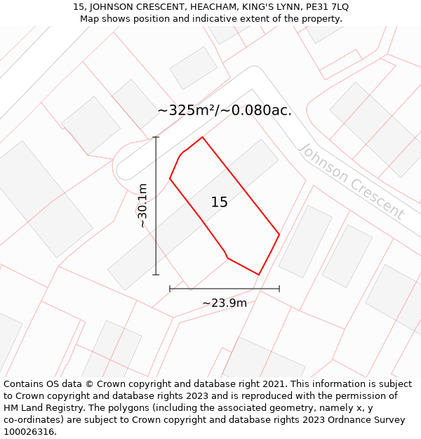 15, JOHNSON CRESCENT, HEACHAM, KING'S LYNN, PE31 7LQ: Plot and title map