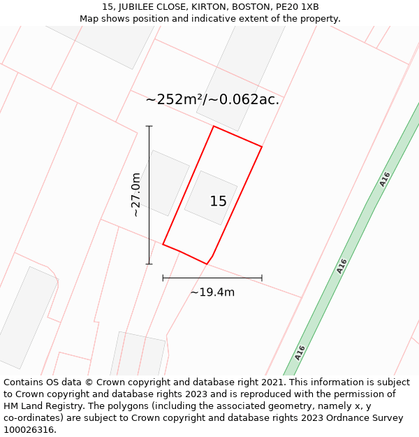 15, JUBILEE CLOSE, KIRTON, BOSTON, PE20 1XB: Plot and title map