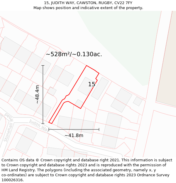 15, JUDITH WAY, CAWSTON, RUGBY, CV22 7FY: Plot and title map