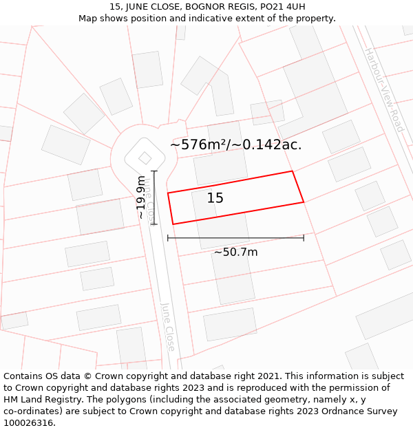 15, JUNE CLOSE, BOGNOR REGIS, PO21 4UH: Plot and title map