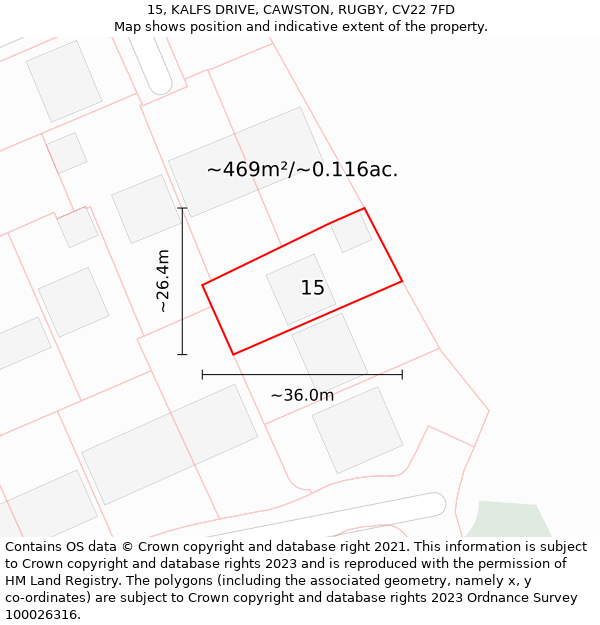 15, KALFS DRIVE, CAWSTON, RUGBY, CV22 7FD: Plot and title map