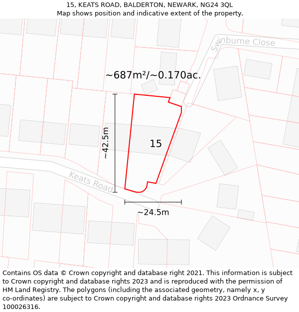 15, KEATS ROAD, BALDERTON, NEWARK, NG24 3QL: Plot and title map