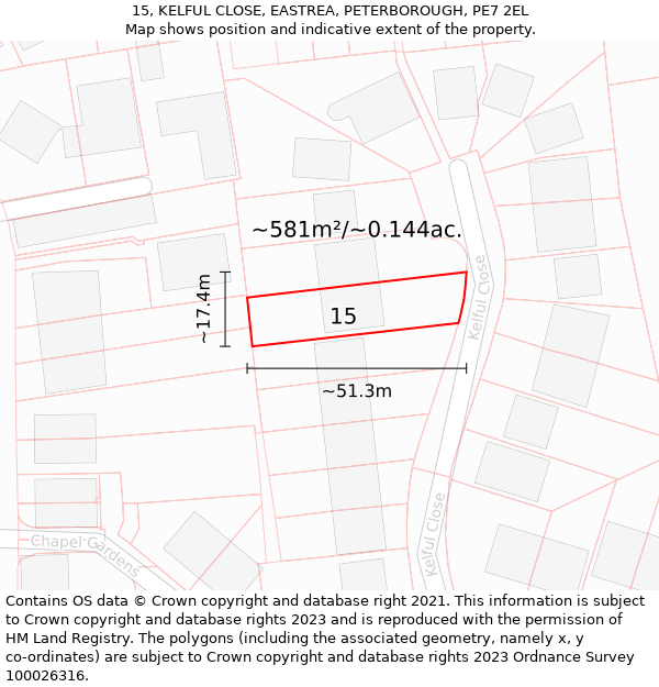 15, KELFUL CLOSE, EASTREA, PETERBOROUGH, PE7 2EL: Plot and title map