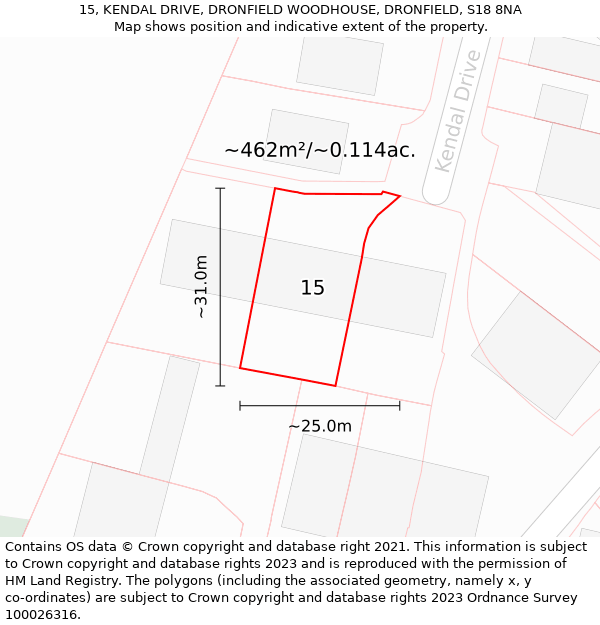 15, KENDAL DRIVE, DRONFIELD WOODHOUSE, DRONFIELD, S18 8NA: Plot and title map