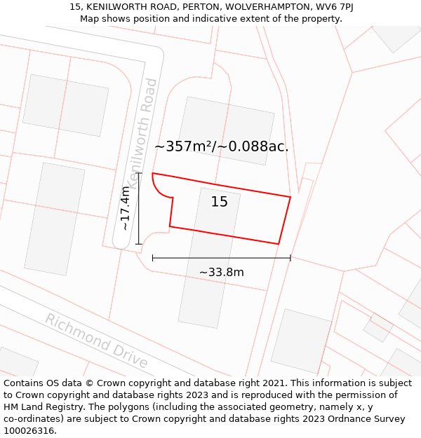 15, KENILWORTH ROAD, PERTON, WOLVERHAMPTON, WV6 7PJ: Plot and title map