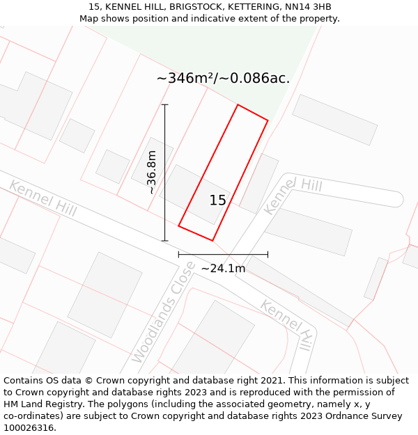 15, KENNEL HILL, BRIGSTOCK, KETTERING, NN14 3HB: Plot and title map