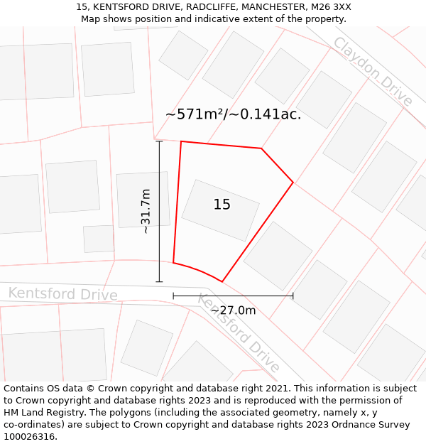 15, KENTSFORD DRIVE, RADCLIFFE, MANCHESTER, M26 3XX: Plot and title map