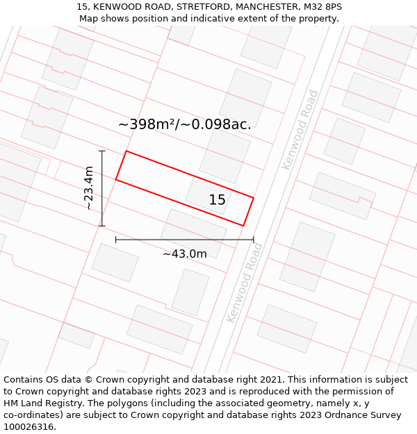 15, KENWOOD ROAD, STRETFORD, MANCHESTER, M32 8PS: Plot and title map