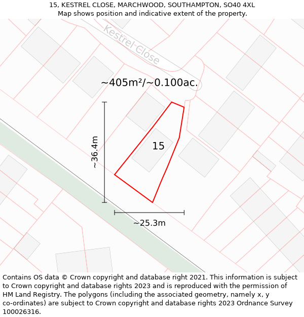 15, KESTREL CLOSE, MARCHWOOD, SOUTHAMPTON, SO40 4XL: Plot and title map