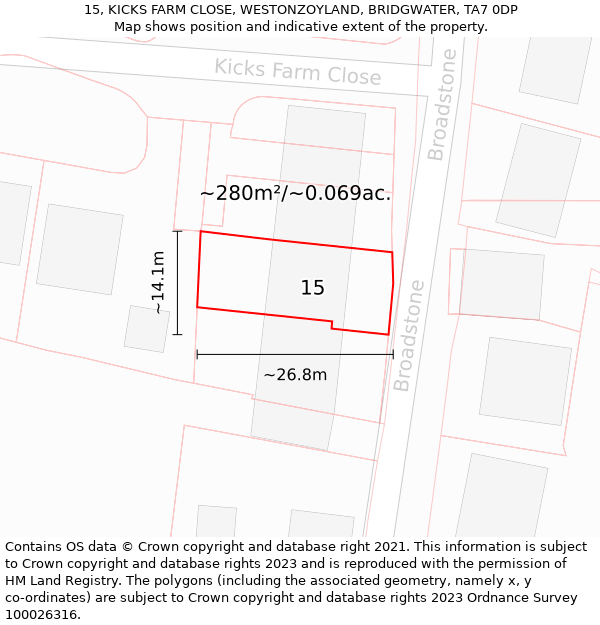 15, KICKS FARM CLOSE, WESTONZOYLAND, BRIDGWATER, TA7 0DP: Plot and title map