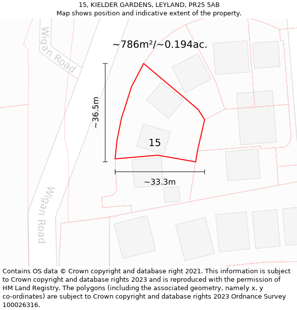 15, KIELDER GARDENS, LEYLAND, PR25 5AB: Plot and title map