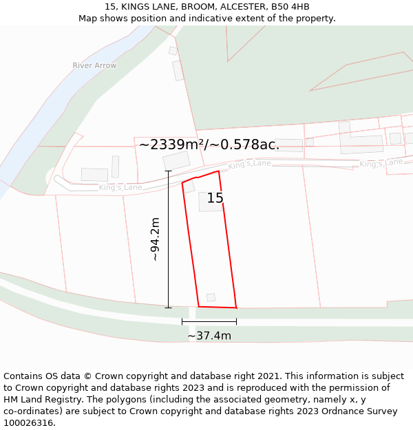 15, KINGS LANE, BROOM, ALCESTER, B50 4HB: Plot and title map