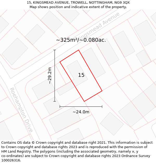 15, KINGSMEAD AVENUE, TROWELL, NOTTINGHAM, NG9 3QX: Plot and title map