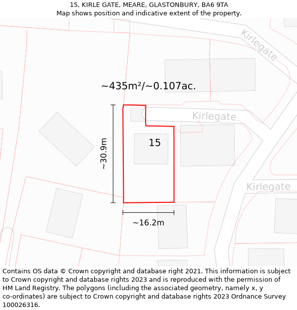 15, KIRLE GATE, MEARE, GLASTONBURY, BA6 9TA: Plot and title map