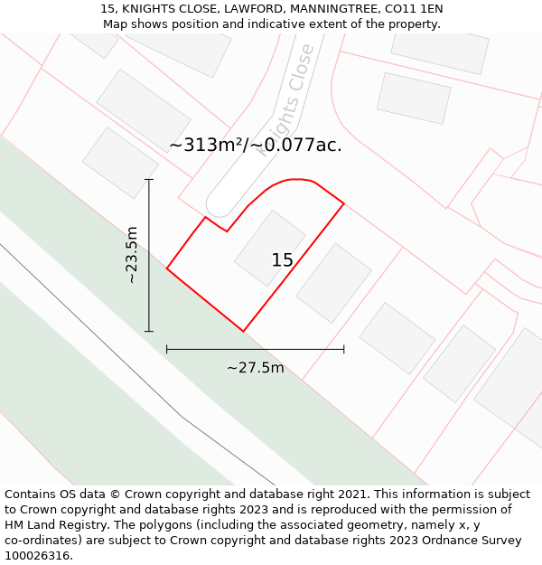 15, KNIGHTS CLOSE, LAWFORD, MANNINGTREE, CO11 1EN: Plot and title map