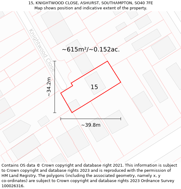 15, KNIGHTWOOD CLOSE, ASHURST, SOUTHAMPTON, SO40 7FE: Plot and title map