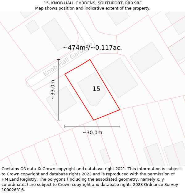 15, KNOB HALL GARDENS, SOUTHPORT, PR9 9RF: Plot and title map