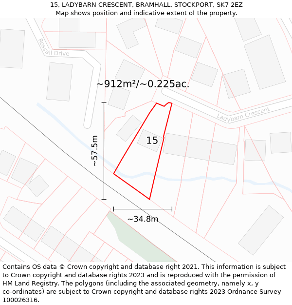 15, LADYBARN CRESCENT, BRAMHALL, STOCKPORT, SK7 2EZ: Plot and title map