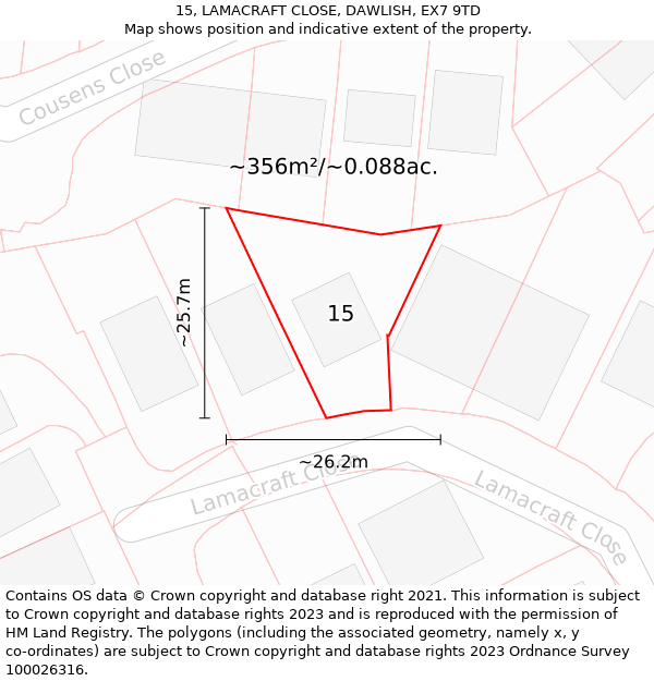 15, LAMACRAFT CLOSE, DAWLISH, EX7 9TD: Plot and title map