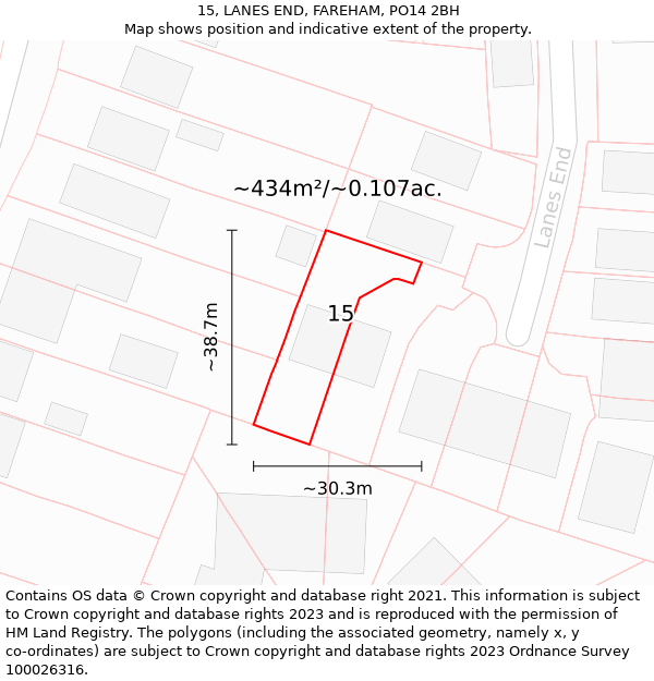 15, LANES END, FAREHAM, PO14 2BH: Plot and title map