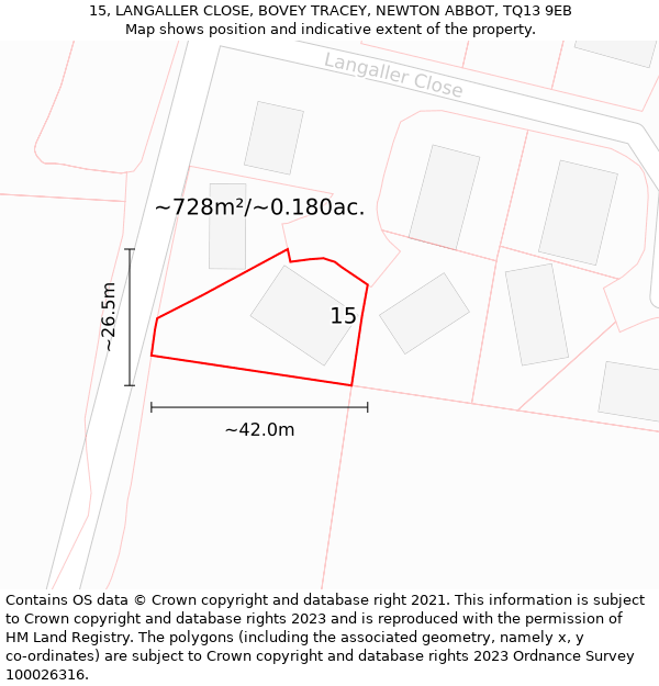15, LANGALLER CLOSE, BOVEY TRACEY, NEWTON ABBOT, TQ13 9EB: Plot and title map
