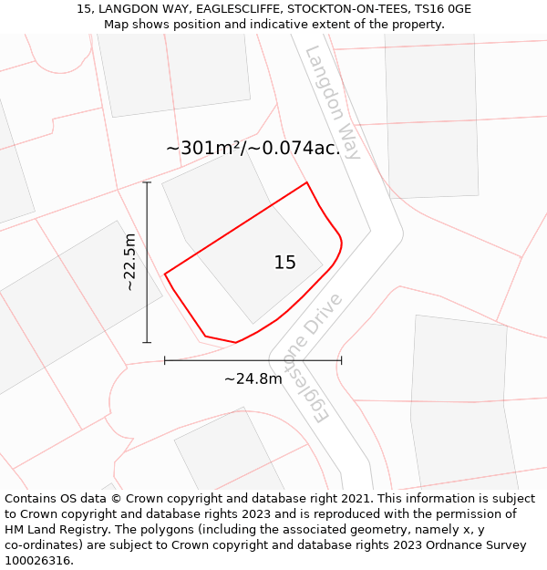 15, LANGDON WAY, EAGLESCLIFFE, STOCKTON-ON-TEES, TS16 0GE: Plot and title map