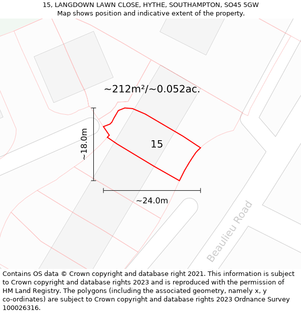 15, LANGDOWN LAWN CLOSE, HYTHE, SOUTHAMPTON, SO45 5GW: Plot and title map