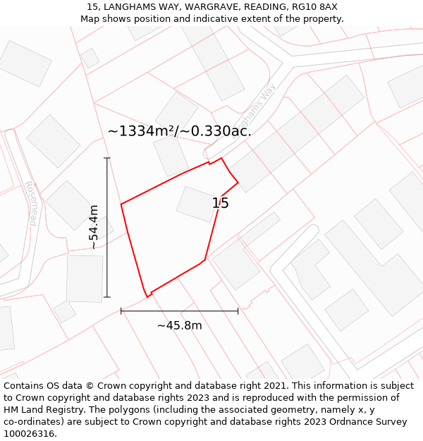 15, LANGHAMS WAY, WARGRAVE, READING, RG10 8AX: Plot and title map