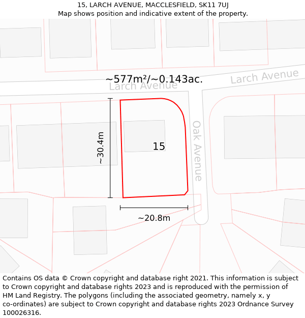 15, LARCH AVENUE, MACCLESFIELD, SK11 7UJ: Plot and title map