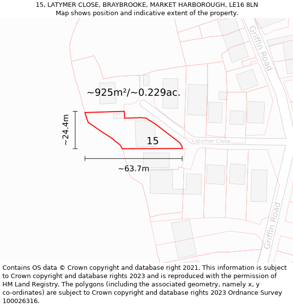 15, LATYMER CLOSE, BRAYBROOKE, MARKET HARBOROUGH, LE16 8LN: Plot and title map