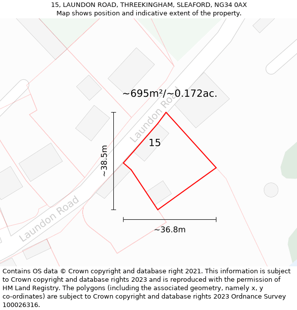 15, LAUNDON ROAD, THREEKINGHAM, SLEAFORD, NG34 0AX: Plot and title map