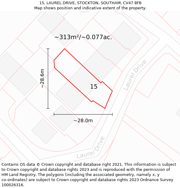 15, LAUREL DRIVE, STOCKTON, SOUTHAM, CV47 8FB: Plot and title map