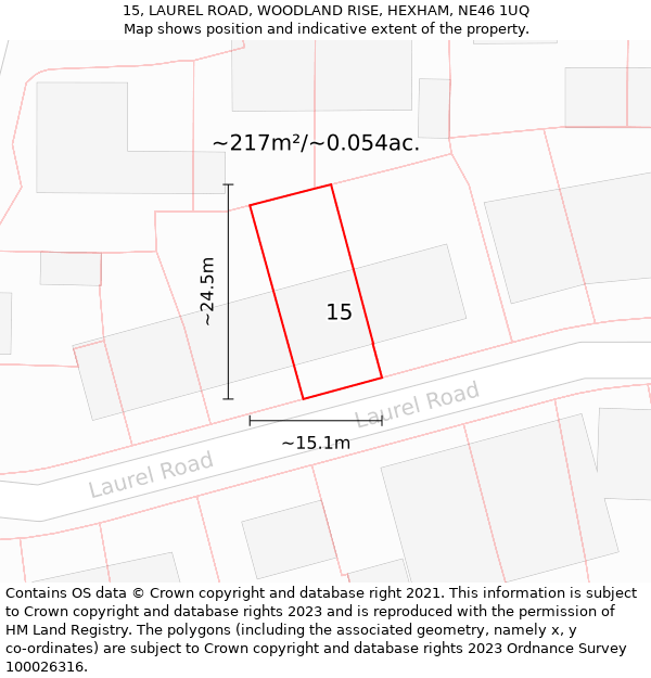 15, LAUREL ROAD, WOODLAND RISE, HEXHAM, NE46 1UQ: Plot and title map