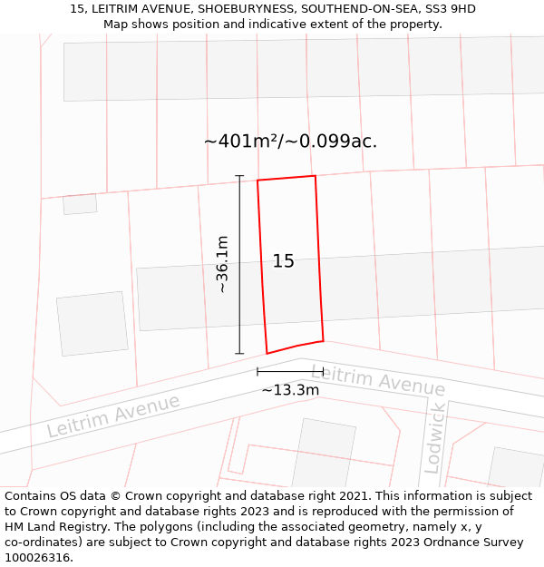 15, LEITRIM AVENUE, SHOEBURYNESS, SOUTHEND-ON-SEA, SS3 9HD: Plot and title map