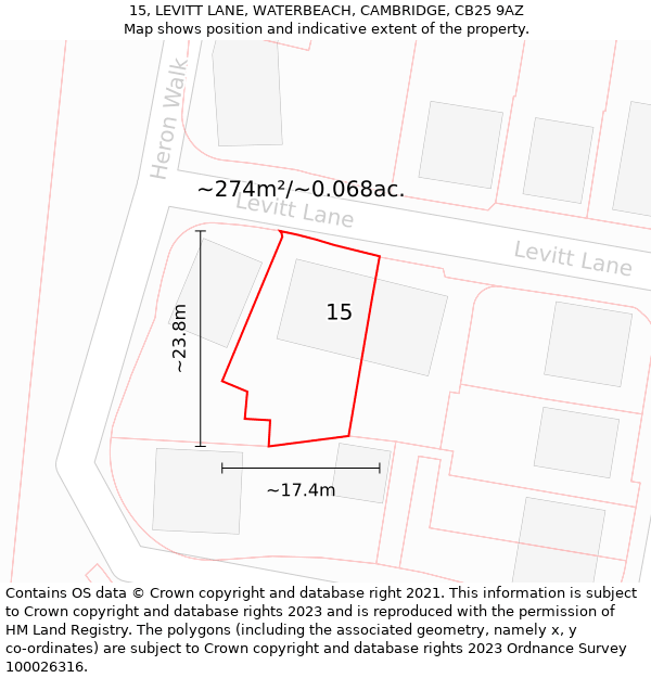 15, LEVITT LANE, WATERBEACH, CAMBRIDGE, CB25 9AZ: Plot and title map