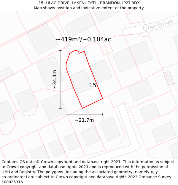 15, LILAC DRIVE, LAKENHEATH, BRANDON, IP27 9DX: Plot and title map