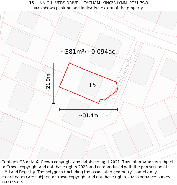 15, LINN CHILVERS DRIVE, HEACHAM, KING'S LYNN, PE31 7SW: Plot and title map