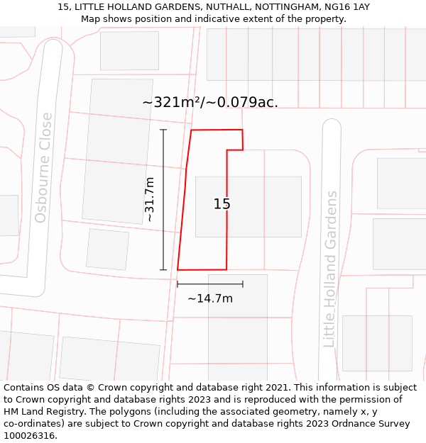 15, LITTLE HOLLAND GARDENS, NUTHALL, NOTTINGHAM, NG16 1AY: Plot and title map