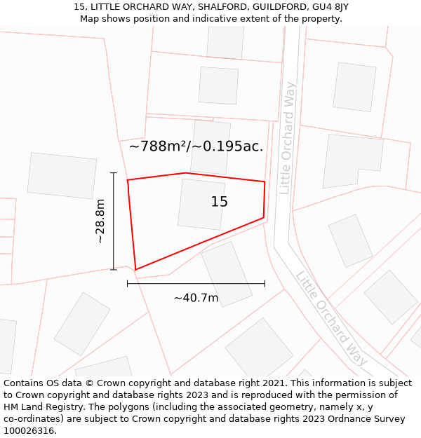 15, LITTLE ORCHARD WAY, SHALFORD, GUILDFORD, GU4 8JY: Plot and title map