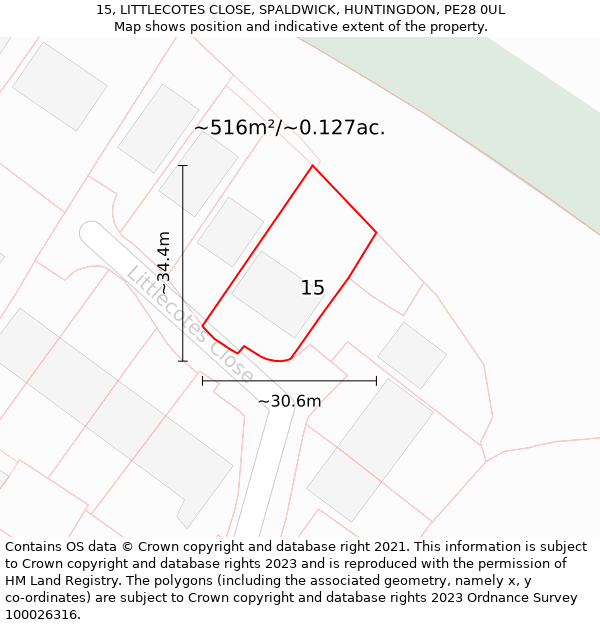 15, LITTLECOTES CLOSE, SPALDWICK, HUNTINGDON, PE28 0UL: Plot and title map