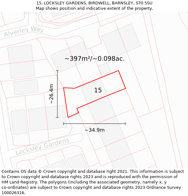 15, LOCKSLEY GARDENS, BIRDWELL, BARNSLEY, S70 5SU: Plot and title map