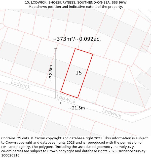 15, LODWICK, SHOEBURYNESS, SOUTHEND-ON-SEA, SS3 9HW: Plot and title map