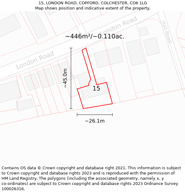 15, LONDON ROAD, COPFORD, COLCHESTER, CO6 1LG: Plot and title map