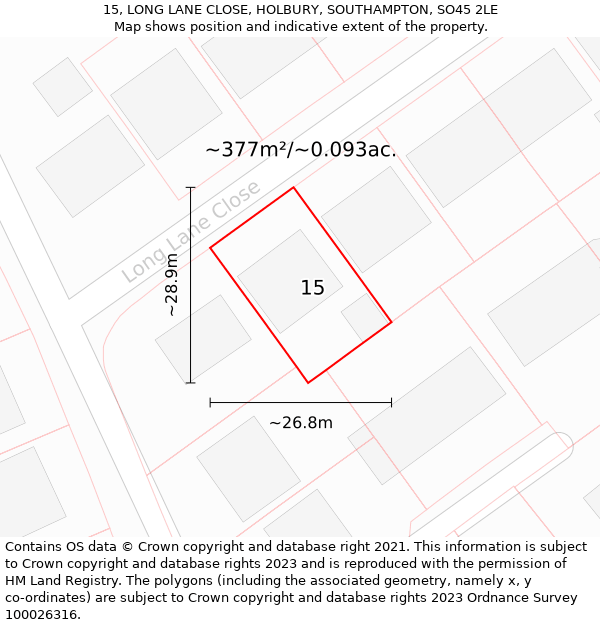 15, LONG LANE CLOSE, HOLBURY, SOUTHAMPTON, SO45 2LE: Plot and title map