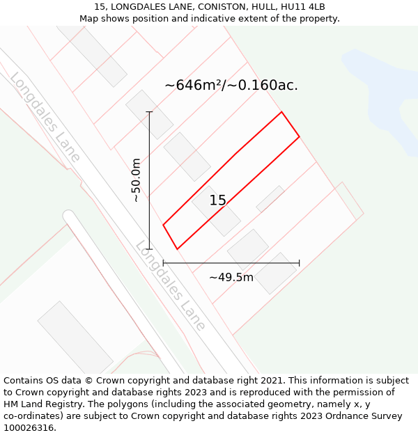 15, LONGDALES LANE, CONISTON, HULL, HU11 4LB: Plot and title map