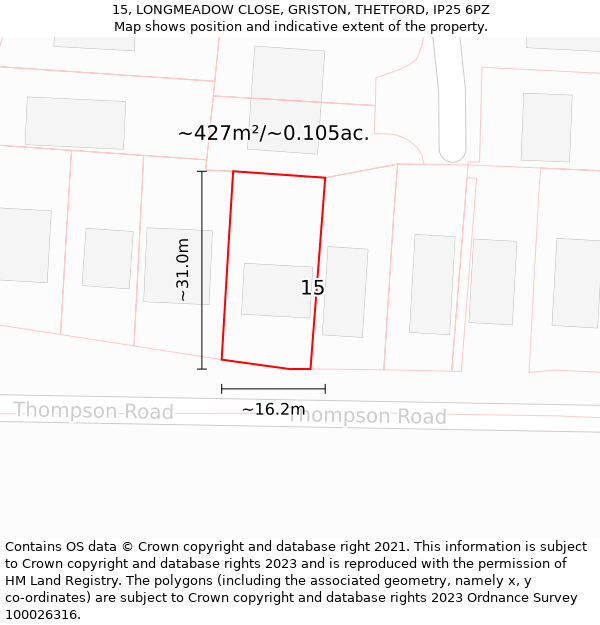 15, LONGMEADOW CLOSE, GRISTON, THETFORD, IP25 6PZ: Plot and title map