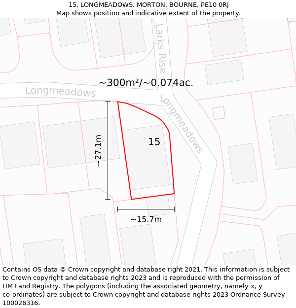 15, LONGMEADOWS, MORTON, BOURNE, PE10 0RJ: Plot and title map