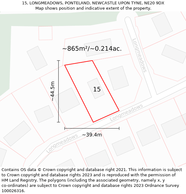 15, LONGMEADOWS, PONTELAND, NEWCASTLE UPON TYNE, NE20 9DX: Plot and title map